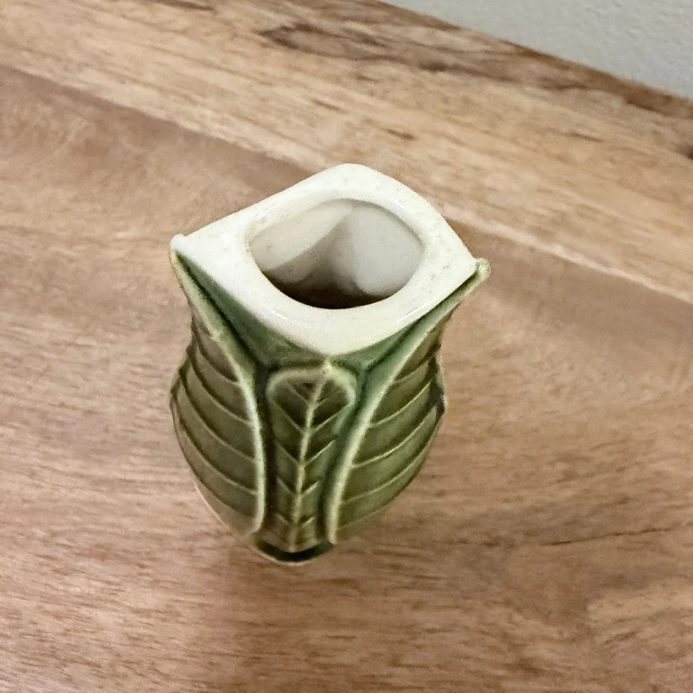 Vintage Bud Vase Green Leaf Motif Ceramic Small 4in